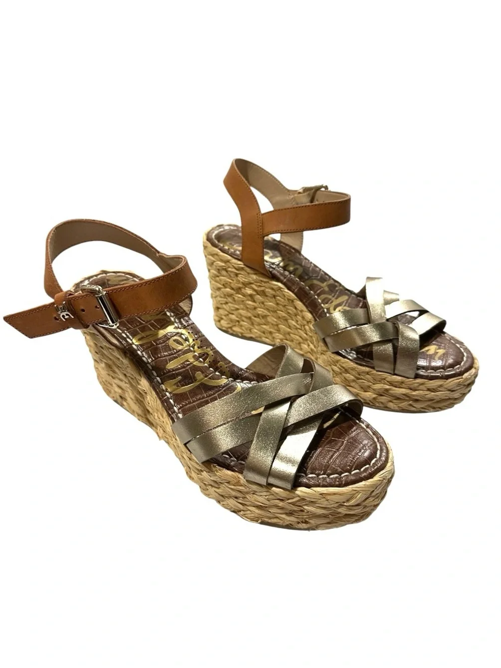 Sam Edelman Darline Metallic Gold Straw Braided Platform Wedge Sandals 7M